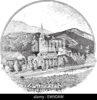 Basilique Notre Dame du Rosaire à Lourdes, France, vintage engraved illustration. Dictionnaire des mots et des choses - Larive un Illustration de Vecteur