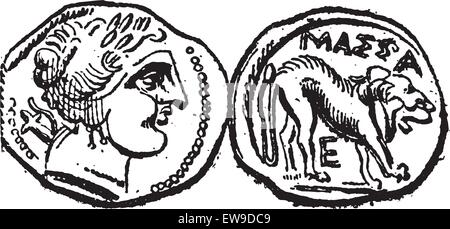 Drachme celtiques anciennes monnaie, montrant la tête (avant) et Lion (retour), vintage engraved illustration. Dictionnaire des mots et des choses Illustration de Vecteur