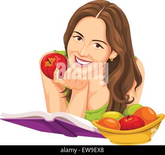 Vector illustration of happy young woman with apple, la lecture d'un livre. Illustration de Vecteur