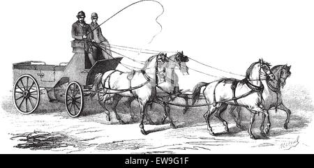 Chariot à 4 roues tirée par 4 chevaux, vintage engraved illustration. Le Magasin pittoresque - Larive et Fleury - 1874 Illustration de Vecteur