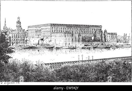 Palais Royal de Stockholm, Suède, vintage engraved illustration. Dictionnaire des mots et des choses - Larive et Fleury - 1895. Illustration de Vecteur