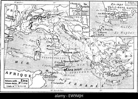 Carte des volcans de la Méditerranée, l'Italie, la Grèce, vintage engraved illustration. Dictionnaire des mots et des choses - Larive et Illustration de Vecteur