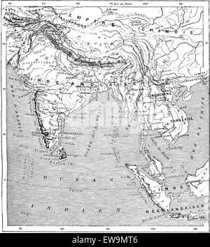 Vieille illustration gravée de la carte de l'Inde et en Indochine. Dictionnaire des mots et des choses - Larive et Fleury ? 1895 Illustration de Vecteur