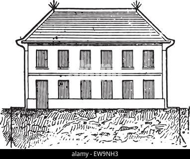 Bâtiment protégé contre la foudre, vintage engraved illustration. Dictionnaire des mots et des choses - Larive et Fleury- 1895. Illustration de Vecteur