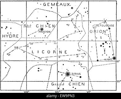 Monoceros Unicorn ou Constellation, vintage engraved illustration. Dictionnaire des mots et des choses - Larive et Fleury - 1895 Illustration de Vecteur