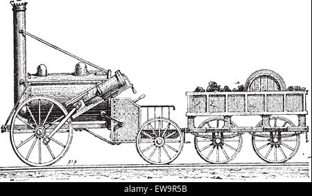Stephenson's Rocket, vintage engraved illustration. Dictionnaire des mots et des choses - Larive et Fleury - 1895 Illustration de Vecteur