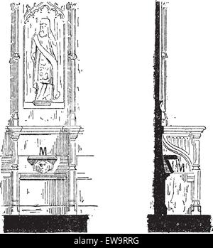 Misericord, vue de face (à gauche) et de côté (à droite), vintage engraved illustration. Dictionnaire des mots et des choses - Larive et Illustration de Vecteur