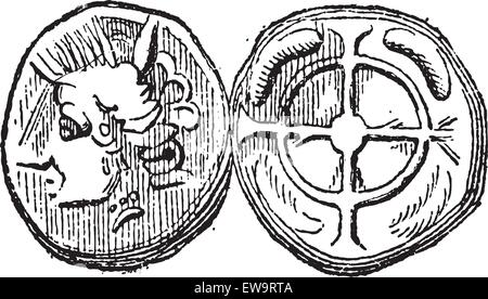 Drachme celtiques anciennes monnaie, montrant la tête (avant) et Cross (retour), vintage engraved illustration. Dictionnaire de mots et de chose Illustration de Vecteur