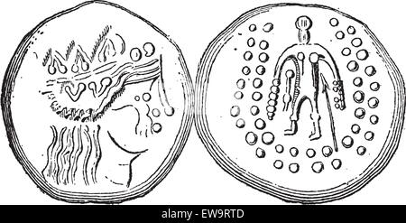 Tétradrachme celtiques anciennes pièce d'argent, montrant l'avant et l'arrière, vintage engraved illustration. Dictionnaire des mots et des choses - Illustration de Vecteur