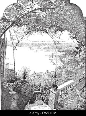 Ville de Nice, en Provence-Alpes-Côte d'Azur, France, montrant l'entrée du port, vintage engraved illustration. Dictionnaire de mots Illustration de Vecteur