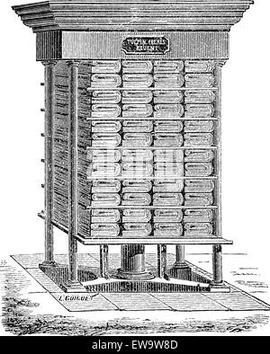 Presse hydraulique utilisé dans la production de papier de soie, vintage engraved illustration. Encyclopédie industrielle - E.O. Lami - 187 Illustration de Vecteur