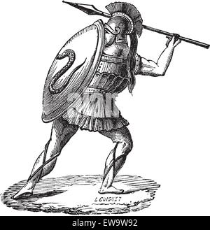 Vieille illustration gravée du soldat grec avec son armure. Encyclopédie industrielle E.-O. Lami ? 1875. Illustration de Vecteur