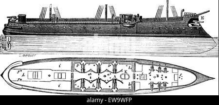 Colbert, un navire cuirassé français vintage, illustration gravée. Encyclopédie industrielle - E.O. Lami - 1875 Illustration de Vecteur