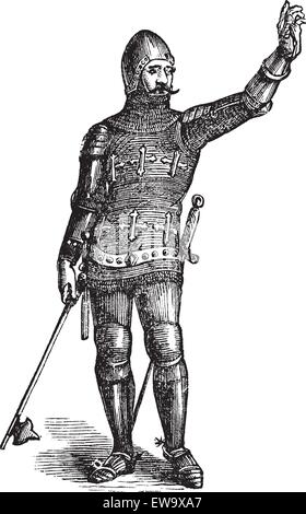 Soldat français en armure en 1370, gravure ancienne. Vector illustration gravée, de soldat en armure dans l'époque médiévale. Illustration de Vecteur