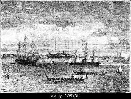 Auckland Harbour dans les années 1890 vintage gravure, la Nouvelle-Zélande. Vieille illustration gravée sur le port d'Auckland, dans les années 1890, montrant Illustration de Vecteur