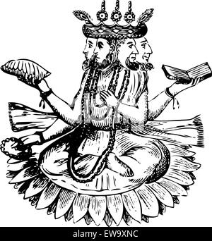 Vieille illustration (gravure) montrant Noé (Bramah) et ses trois fils sur un lotus après le déluge. Cette fonction, vecteur. D'Histo Illustration de Vecteur