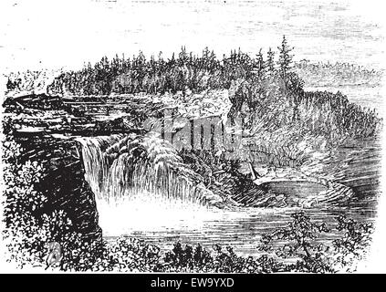 Chutes de la rivière Chaudière au Québec,Canada, vintage la gravure, au cours des années 1890. Vieille illustration gravée de la Kettle Falls. Illustration de Vecteur