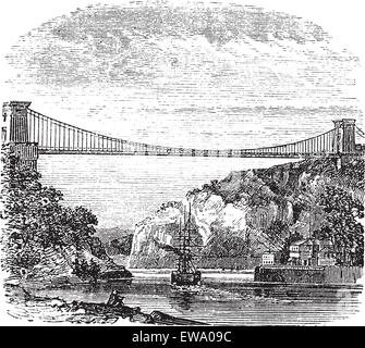 Pont suspendu de Clifton, Clifton, Bristol à Leigh Woods, North Somerset, Angleterre, pendant les années 1890, gravure d'époque. Vieux Illustration de Vecteur