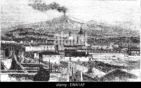 L'Etna en Sicile, en Italie, pendant les années 1890, gravure d'époque. Vieille illustration gravée de l'Etna, vue de Catania Illustration de Vecteur