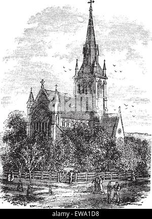 Cathédrale Christ Church à Fredericton, Nouveau-Brunswick, Canada, dans les années 1890, gravure ancienne. Ancienne illustration gravée de la cathédrale Christ Church. Illustration de Vecteur