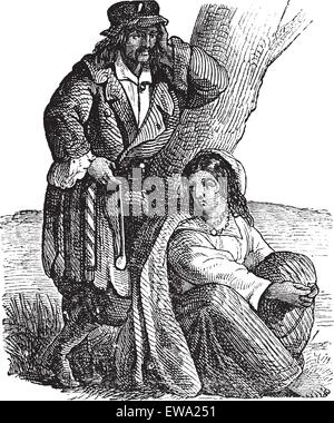 Jeune couple tsigane par tree vintage la gravure. Vieille illustration gravée de Gypsy Woman, femme assise alors que man leaning on tree Illustration de Vecteur