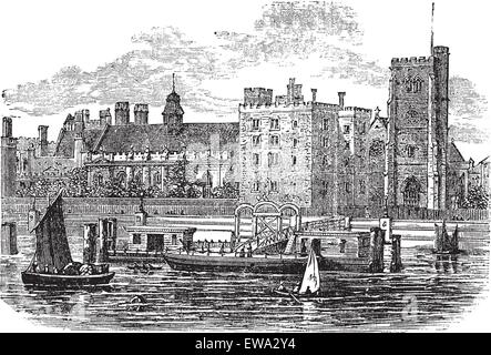 Lambeth Palace, London vintage la gravure. Vieille illustration gravée de la célèbre Lambeth Palace à Londres, années 1800. Illustration de Vecteur