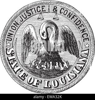 Grand sceau de l'État de Louisiane, USA, gravure d'époque. Vieille illustration gravée du grand sceau de l'état de la Louisiane Illustration de Vecteur