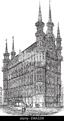 Hôtel de ville de Louvain, en Belgique, au cours des années 1890, vintage la gravure. Vieille illustration gravée de l'Hôtel de Ville de Louvain. Illustration de Vecteur