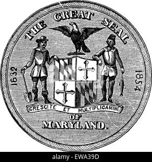 Grand sceau de l'État du Maryland, United States, gravure d'époque. Vieille illustration gravée du grand sceau de l'État du Maryland isolé sur un fond blanc. Illustration de Vecteur