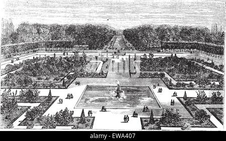 Parc de Fontainebleau en France, pendant les années 1890, gravure d'époque. Vieille illustration gravée de parc de Fontainebleau vue du château. Illustration de Vecteur