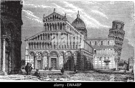 Tour Penchée, la cathédrale et le baptistère de Pise, vintage engraved illustration.encyclopédie Trousset (1886 - 1891). Illustration de Vecteur