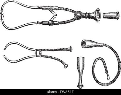 Stéthoscopes, gravure d'époque. Vieille illustration gravée de trois types de stéthoscopes isolé sur un fond blanc. Illustration de Vecteur