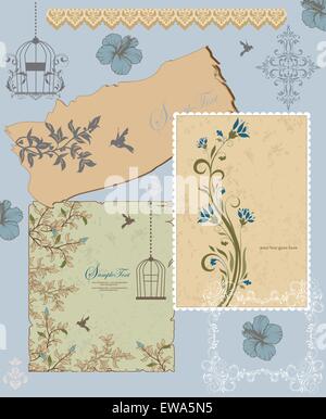 Carte d'invitation Vintage Retro élégant décoré abstract floral design, bleu-gris et brun clair sur les fleurs et les feuilles vert gris beige et bleu-gris avec des bordures de cadre oiseaux et étiquette de texte. Vector illustration. Illustration de Vecteur