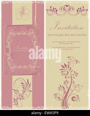 Ensemble de deux (2) vintage cartes d'invitation avec des rétro élégant abstract floral design, beige et des fleurs roses Illustration de Vecteur