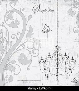 Carte d'invitation Vintage Retro élégant décoré abstract floral design, fleurs et feuilles gris texturé rayures sur fond gris clair avec papillons lustre et étiquette de texte. Vector illustration. Illustration de Vecteur