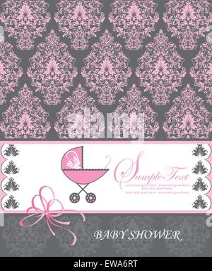 Carte d'invitation de douche de bébé vintage avec des rétro élégant abstract floral design, fleurs roses et gris foncé sur les feuilles Illustration de Vecteur