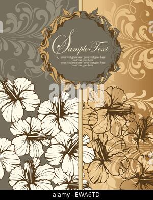 Carte d'invitation Vintage Retro élégant décoré abstract floral design, blanc et gris fleurs et feuilles d'or Illustration de Vecteur