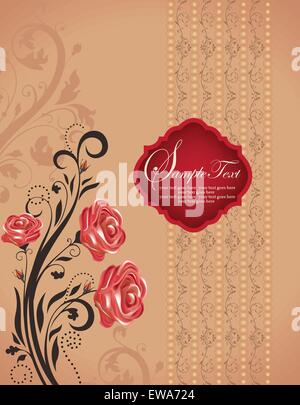 Carte d'invitation Vintage Retro élégant décoré abstract floral design, rouge et brun chocolat foncé fleurs et les feuilles Illustration de Vecteur