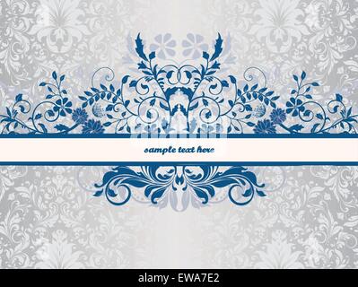 Carte d'invitation Vintage Retro élégant décoré abstract floral design, fleurs et feuilles bleu persan sur argent brillant Illustration de Vecteur