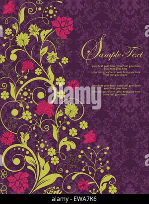 Carte d'invitation Vintage Retro élégant décoré abstract floral design, rouge et jaune fleurs et feuilles vert foncé sur fond violet. Vector illustration. Illustration de Vecteur