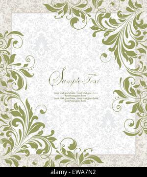 Carte d'invitation Vintage Retro élégant décoré abstract floral design, fleurs et feuilles vert olive sur fond pâle Illustration de Vecteur