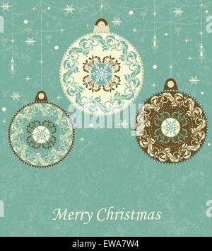 Carte de Noël Vintage rétro élégant décoré abstract floral design, snowflake snow stars lanternes et boules à laurel jaune pâle vert et brun chocolat fleurs et feuilles circulaires sur fond vert de laurier avec étiquette de texte. Vector illustration. Illustration de Vecteur