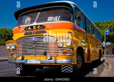 Vue de face de couleur jaune et l'orange maltaise des autobus, désormais abandonné, qui ont une vue sur les routes de Malte depuis des décennies Banque D'Images