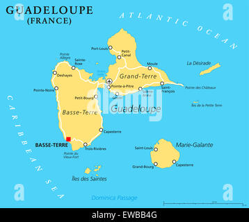 Carte Politique de la Guadeloupe Basse-Terre, capitale de région d'outre-mer de la France dans les îles sous le vent, une partie de Petites Antilles. Banque D'Images