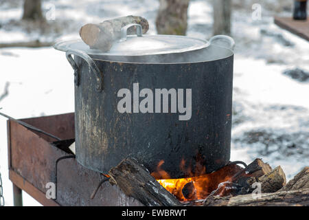 Shurpa - soupe avec de la viande et de pommes de terre sur le feu Banque D'Images