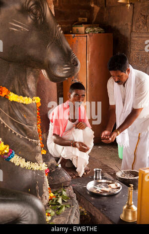 Vor der Priester im Nandi-Statue Chalukya-Dynastie Virupaksha aus der Tempel, UNESCO-Welterbe à Pattadakal, Karnataka, Indien, Banque D'Images