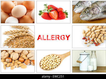 Allergie alimentaire concept. Allergènes alimentaires comme les œufs, lait, fruits, noix, arachide, de soja, de blé et de poissons. Texte 'gay' facile à enlever Banque D'Images