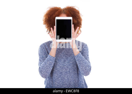 Black African American Student girl holding a tablet tactile devant son visage Banque D'Images