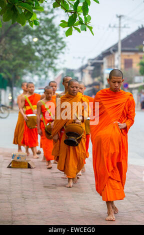 Monks durant la cérémonie de remise de l'aumône à Luang Prabang, Laos. Banque D'Images