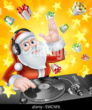 Cartoon Noël père DJ avec le casque sur le compte rendu, ponts avec des cadeaux de Noël présente dans l'arrière-plan Banque D'Images